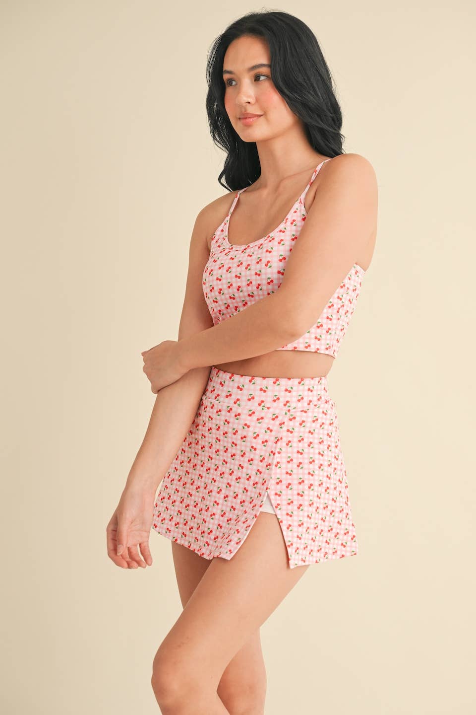 Cherry Gingham Print Racerback Crop Tank