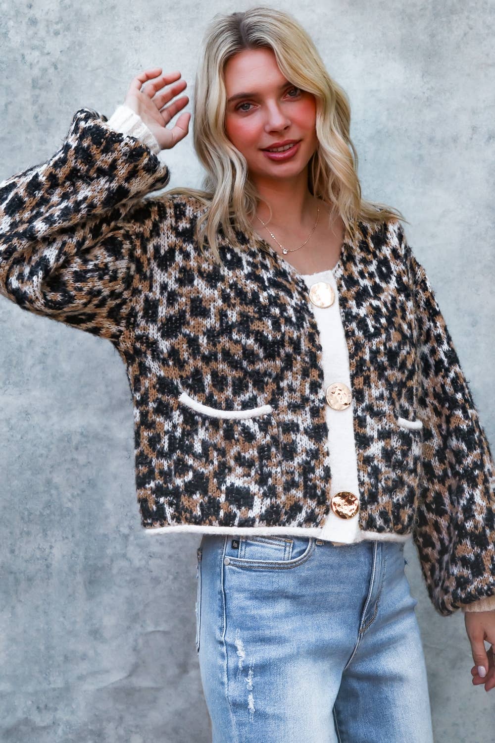 LEOPARD LONG SLEEVE CARDIGAN WITH GOLD BUTTON