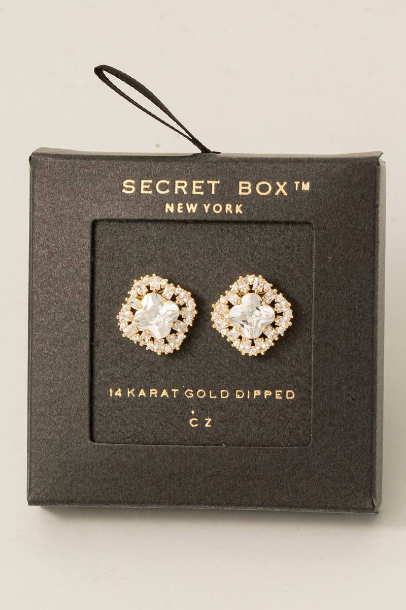 Secret Box Gold Dipped Cz Halo Set Clover Stud Earrings