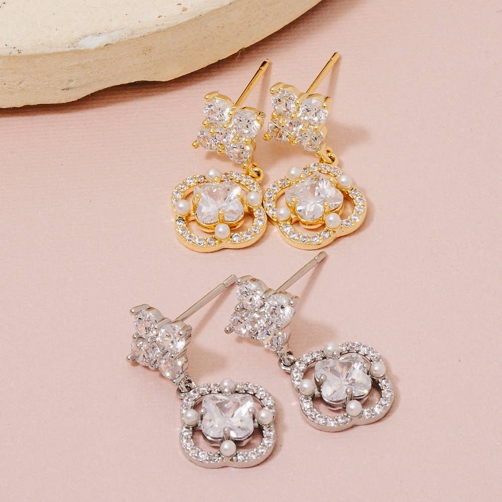 Secret Box Gold Dipped Cz Halo Set Clover Stud Dangle