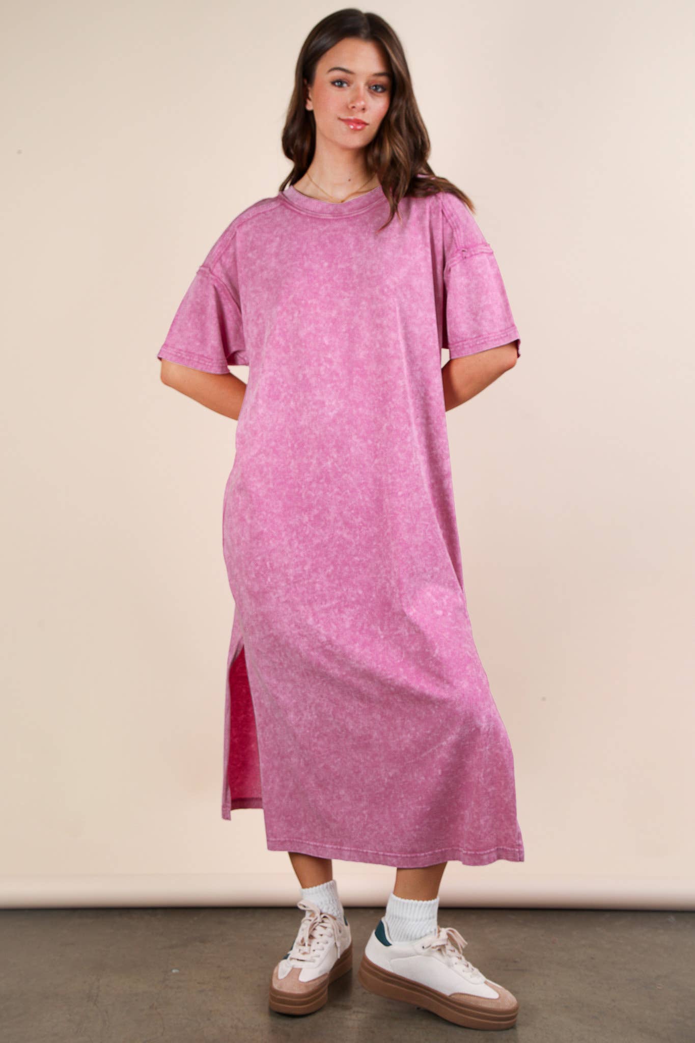 ND31601-Mineral Washed Casual Comfy Midi Dress