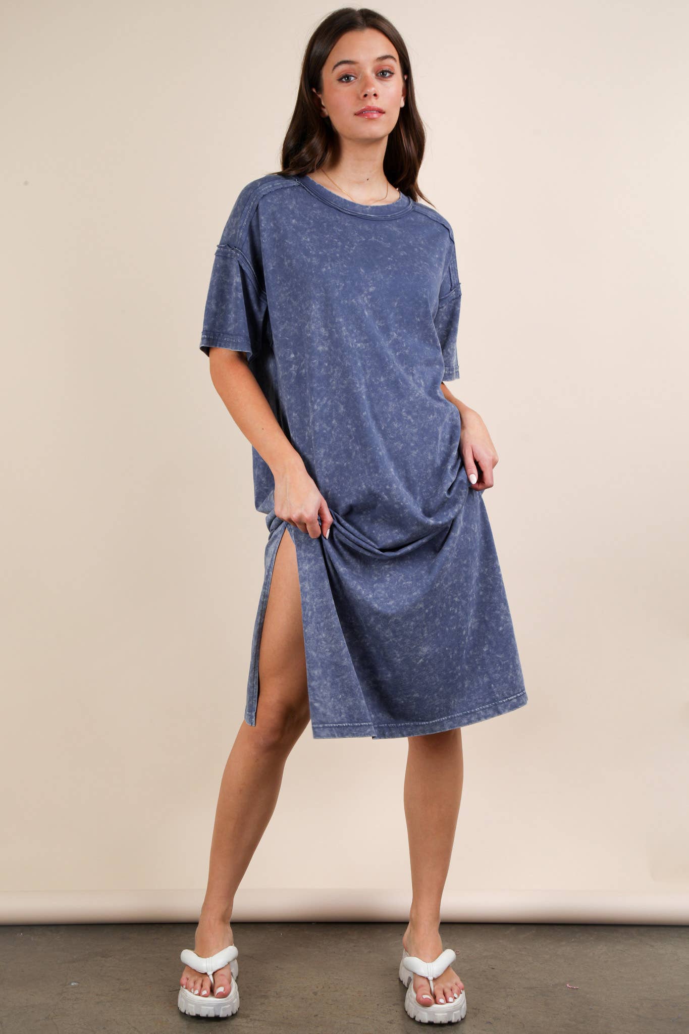 ND31601-Mineral Washed Casual Comfy Midi Dress