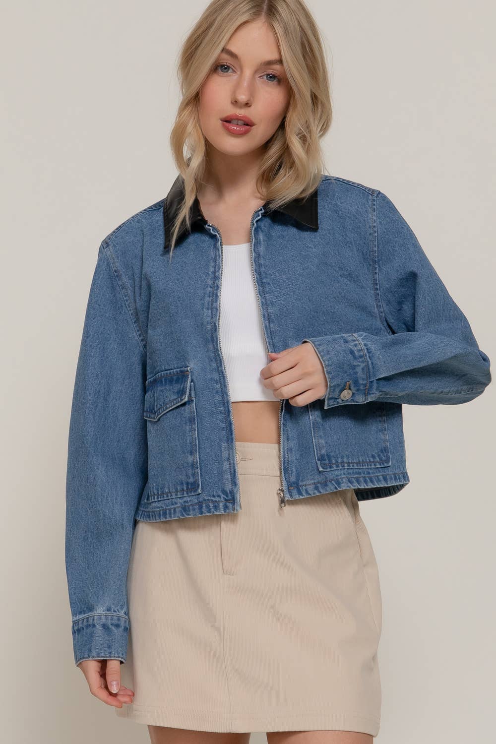 Long Sleeve Contrast Collar Vintage Wash Denim Jacket