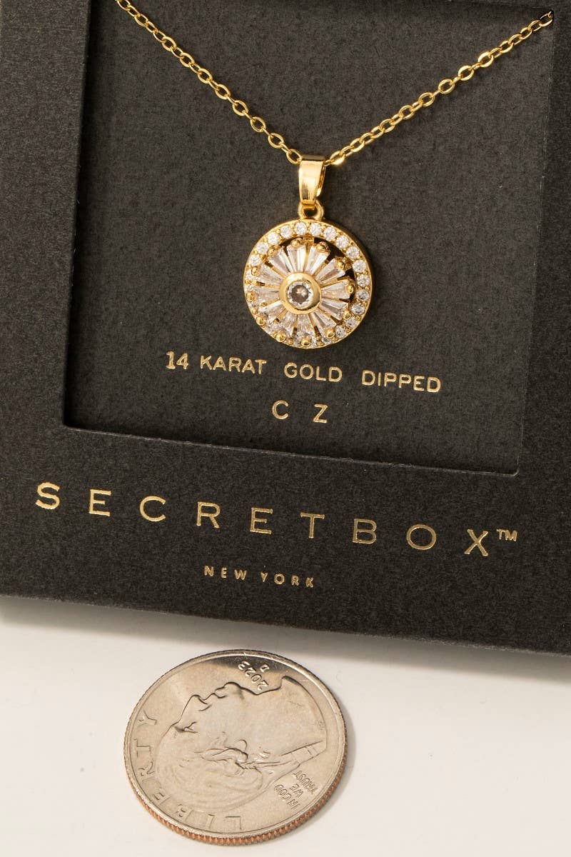 Secret Box Gold Dipped Cz Halo Set Sun Pendant Necklace