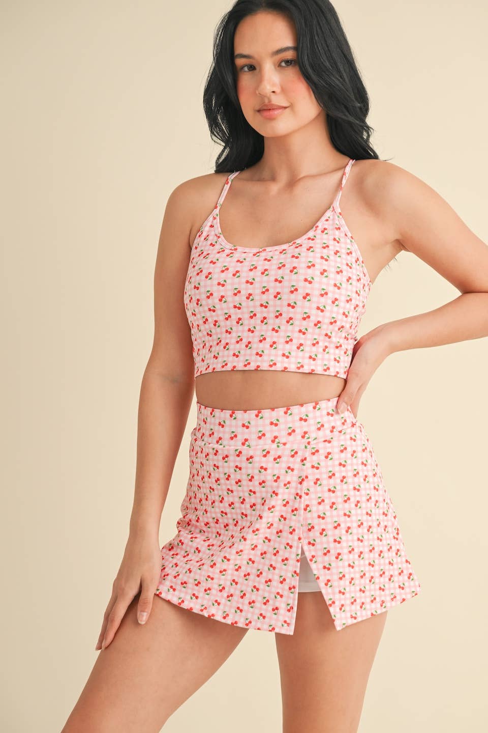 Cherry Gingham Print Racerback Crop Tank