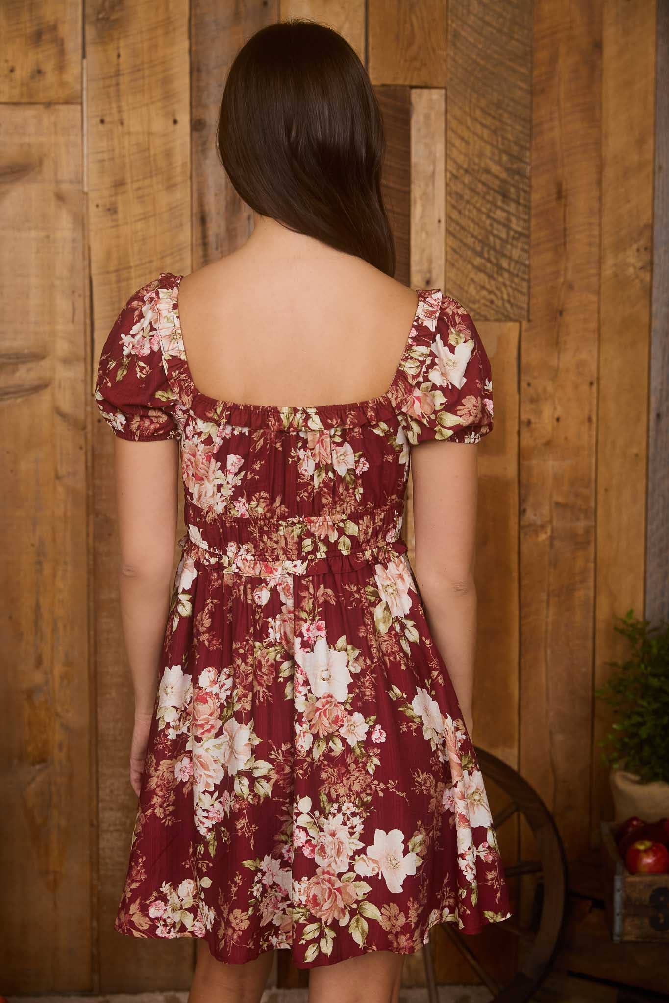 FLORAL RUFFLE TRIM VELVET FRONT TIE MINI DRESS
