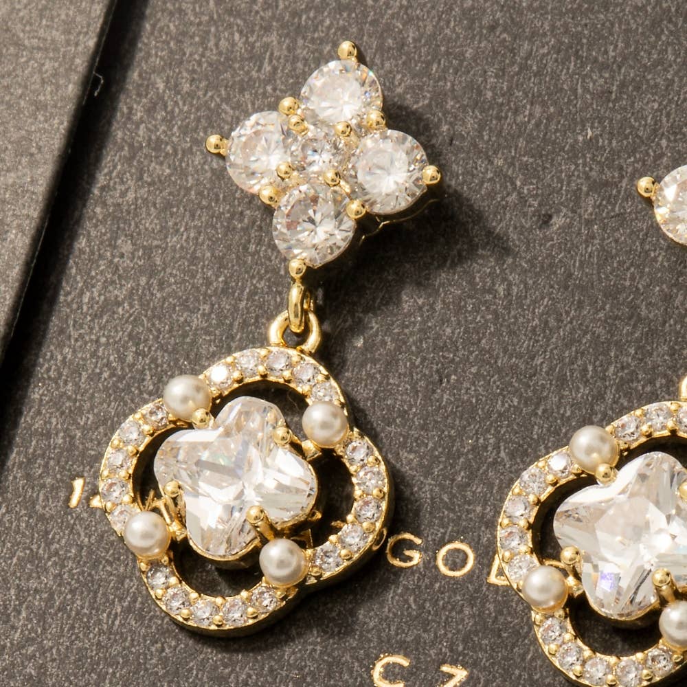 Secret Box Gold Dipped Cz Halo Set Clover Stud Dangle