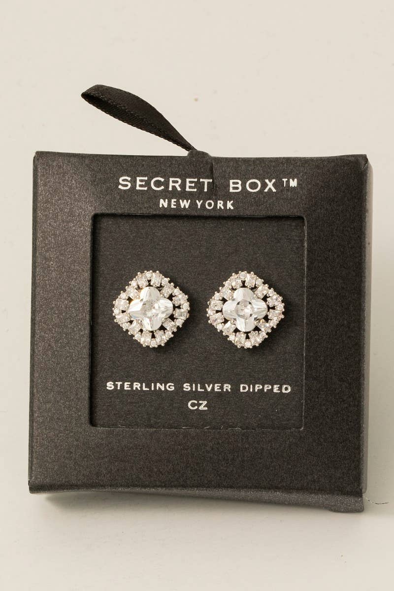 Secret Box Gold Dipped Cz Halo Set Clover Stud Earrings