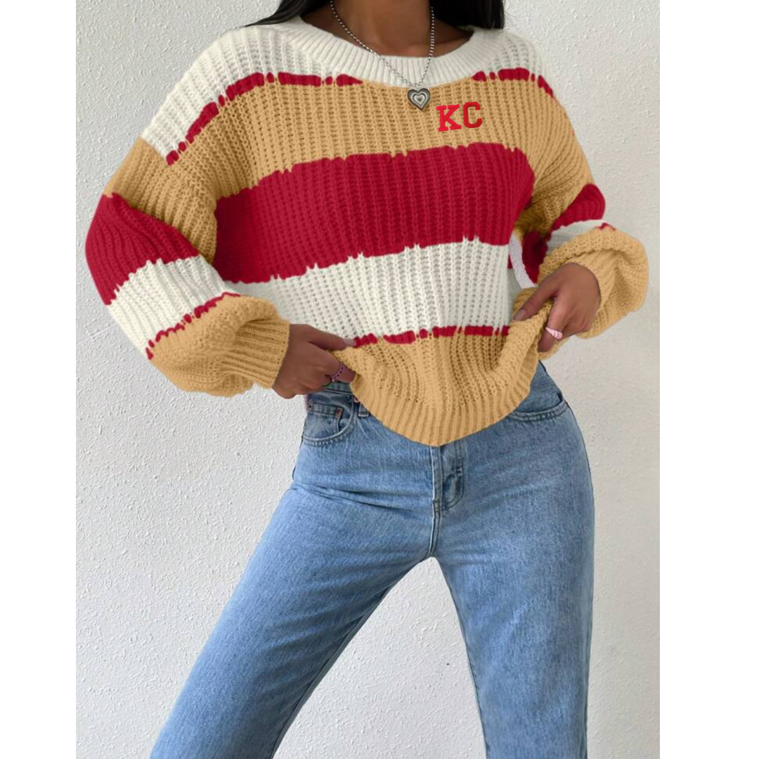 KC Red & Yellow Striped Pullover Sweater, Chiefs, Game Day