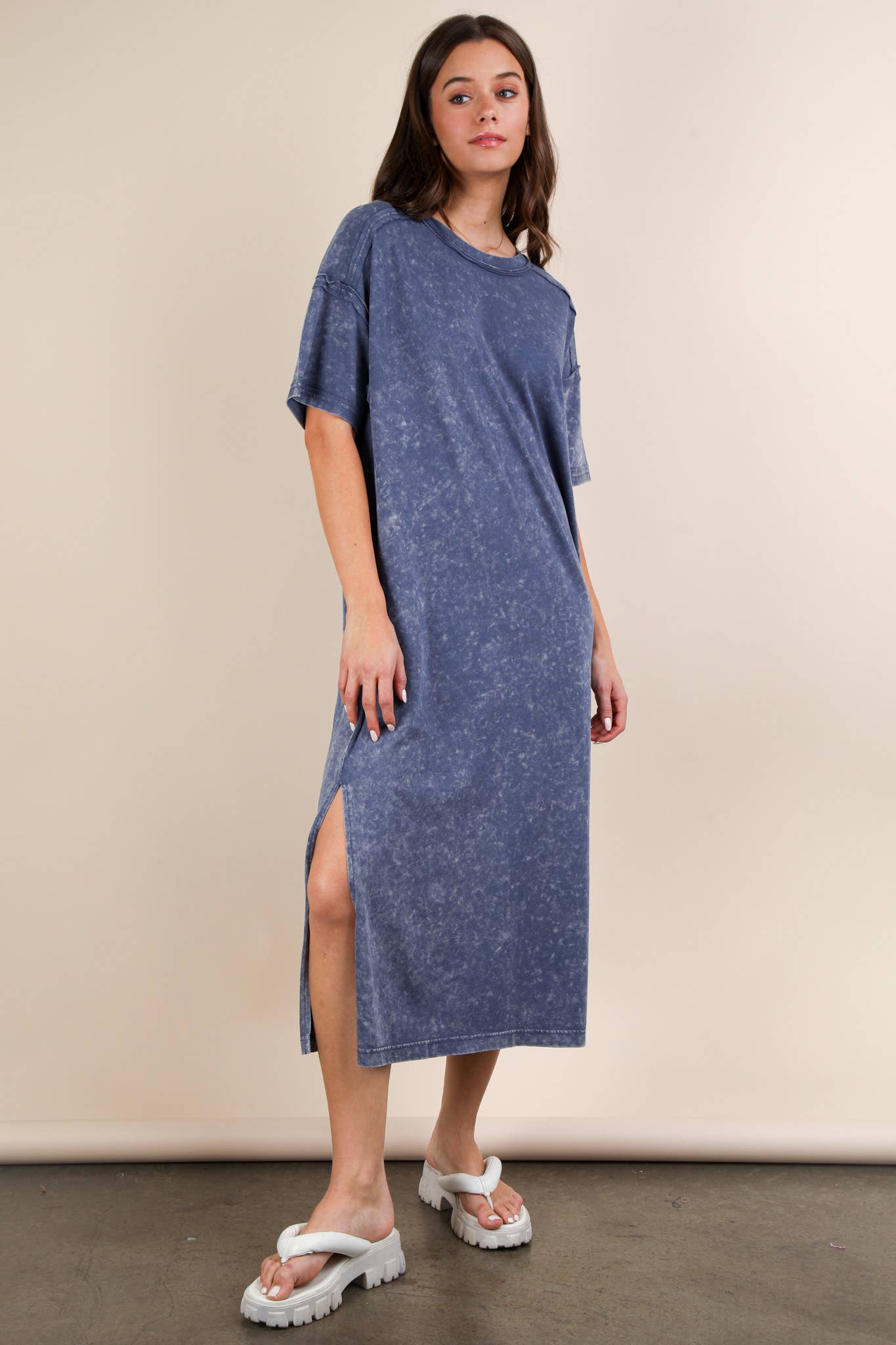 ND31601-Mineral Washed Casual Comfy Midi Dress
