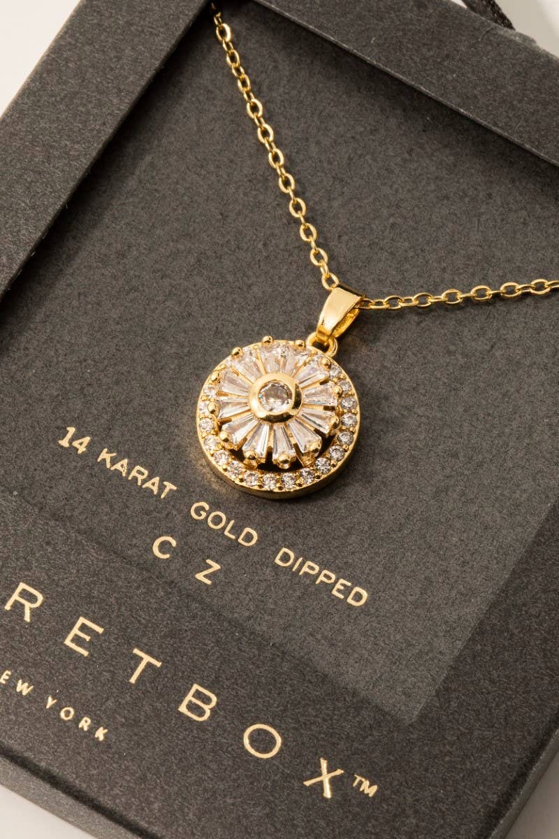 Secret Box Gold Dipped Cz Halo Set Sun Pendant Necklace
