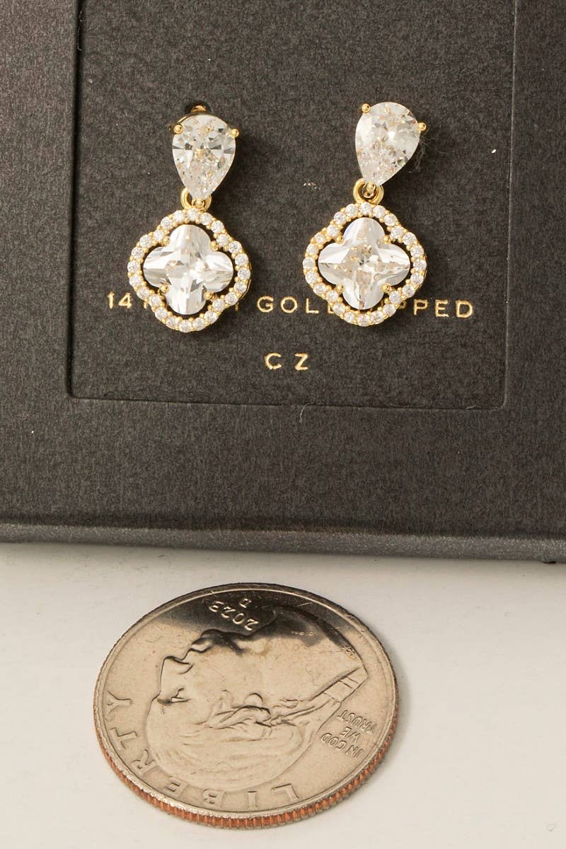 Secret Box Gold Dipped Cz Halo Set Clover Teardrop Dangle