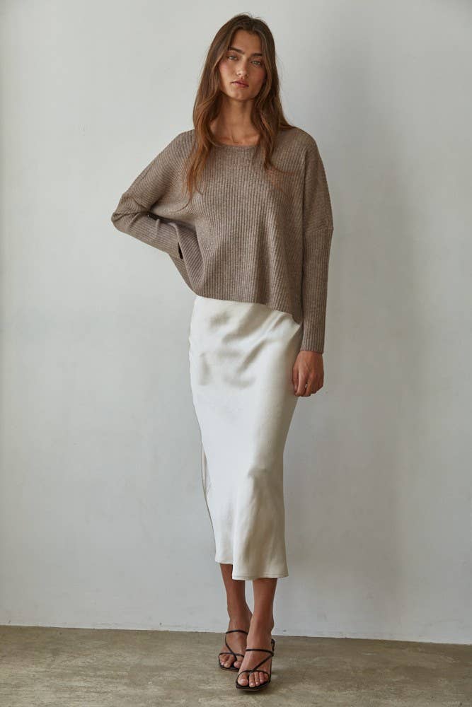 W2288T | Knit Sweater Ribbed Round Neck Long Sleeve Top
