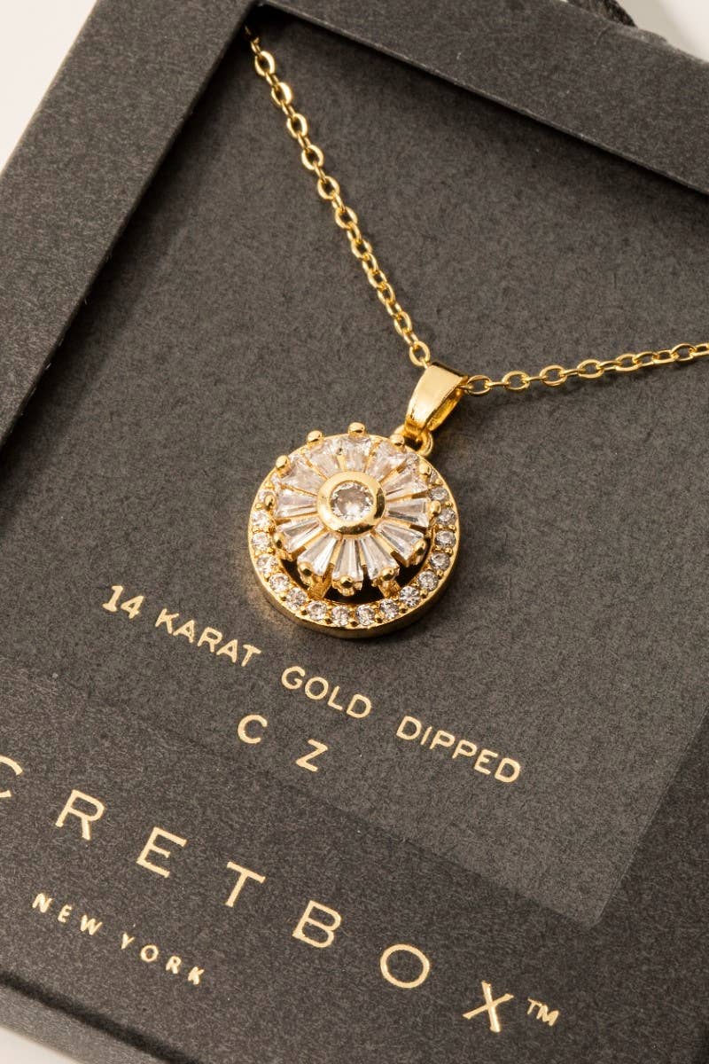 Secret Box Gold Dipped Cz Halo Set Sun Pendant Necklace