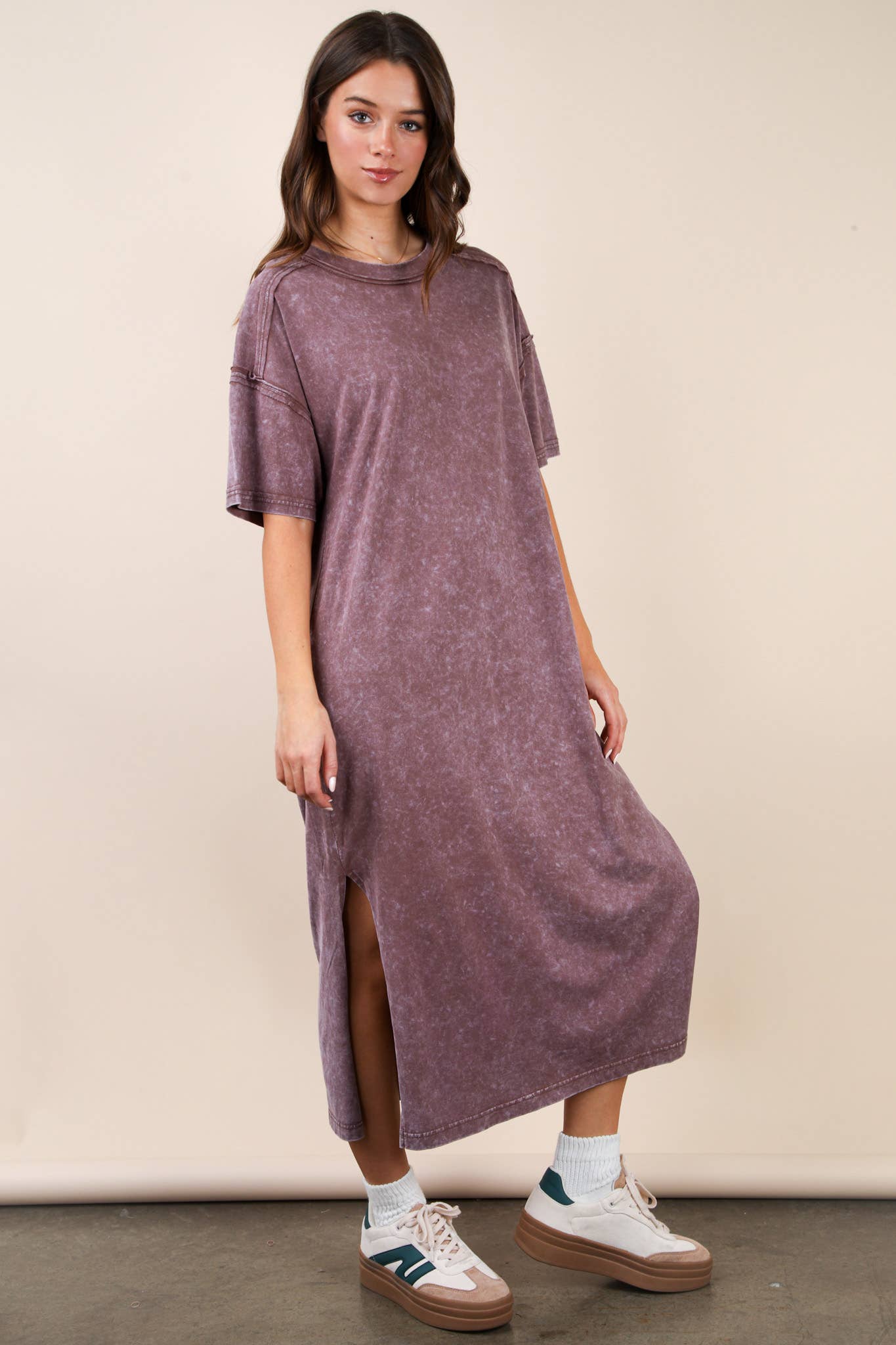 ND31601-Mineral Washed Casual Comfy Midi Dress