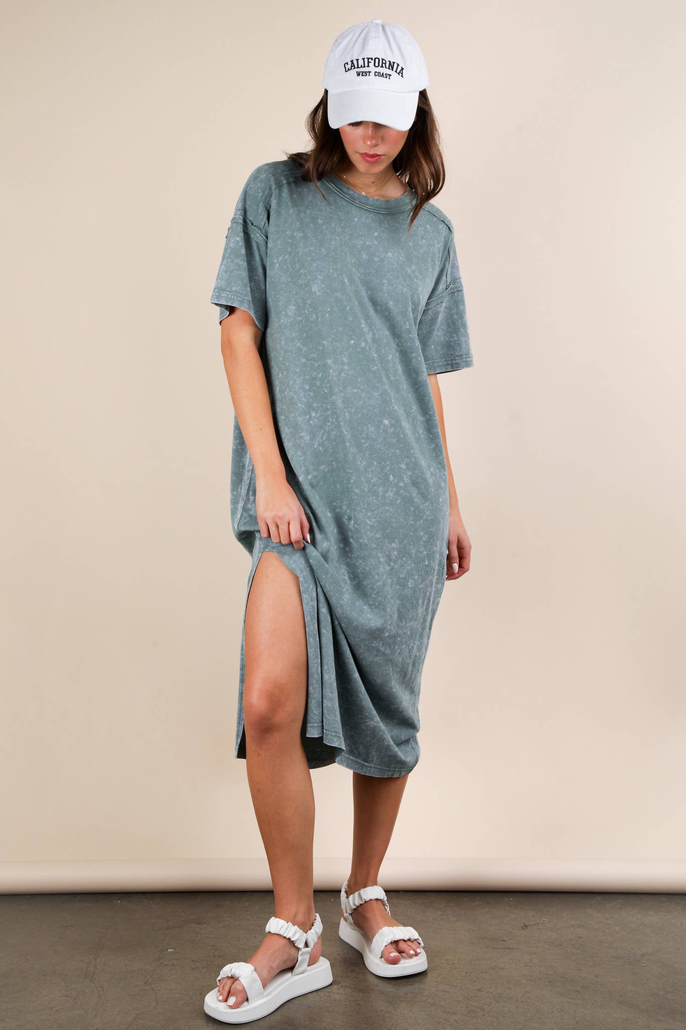 ND31601-Mineral Washed Casual Comfy Midi Dress