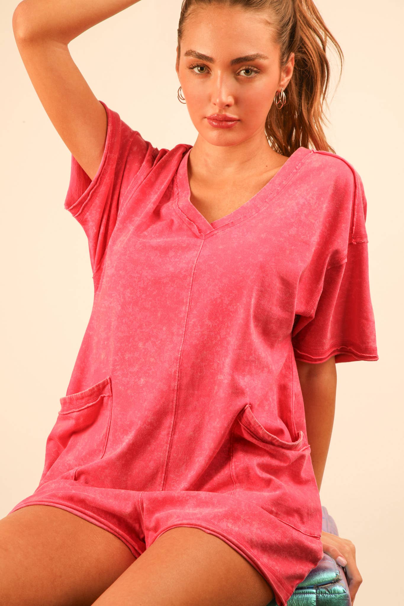 NP70740-Mineral Washed Oversized Casual Knit Romper