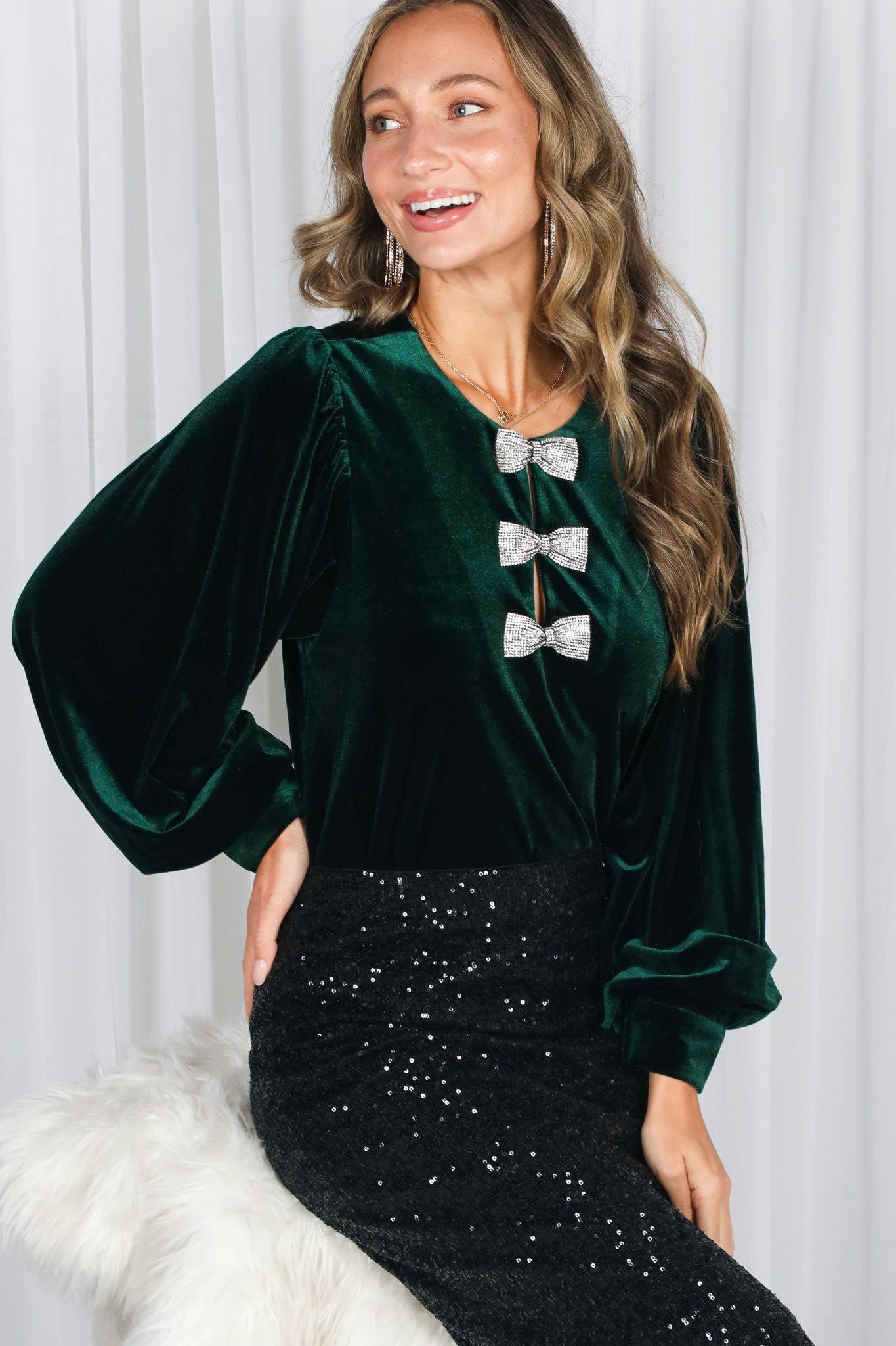 Sequin Bow Accent Luxe Velvet Blouse VT82764-