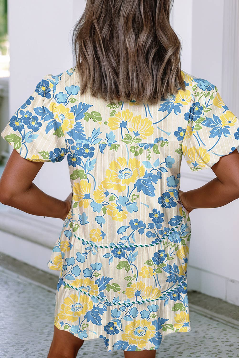 Floral Striped Trim Puff Short Sleeve Dress