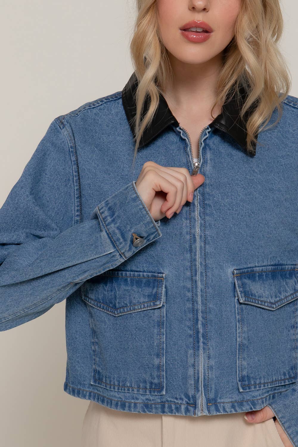 Long Sleeve Contrast Collar Vintage Wash Denim Jacket
