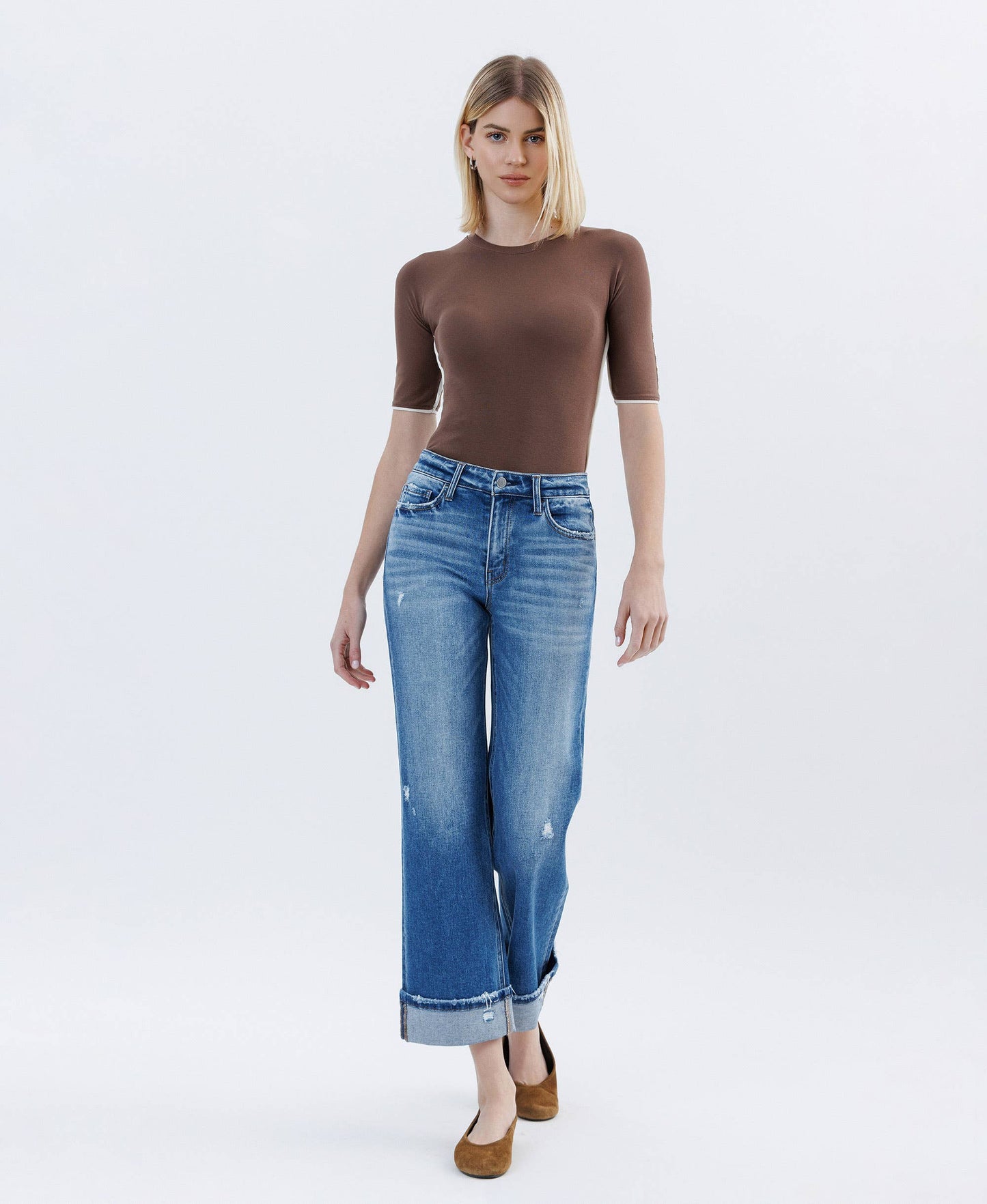 HIGH RISE CUFFED SLIM WIDE JEANS