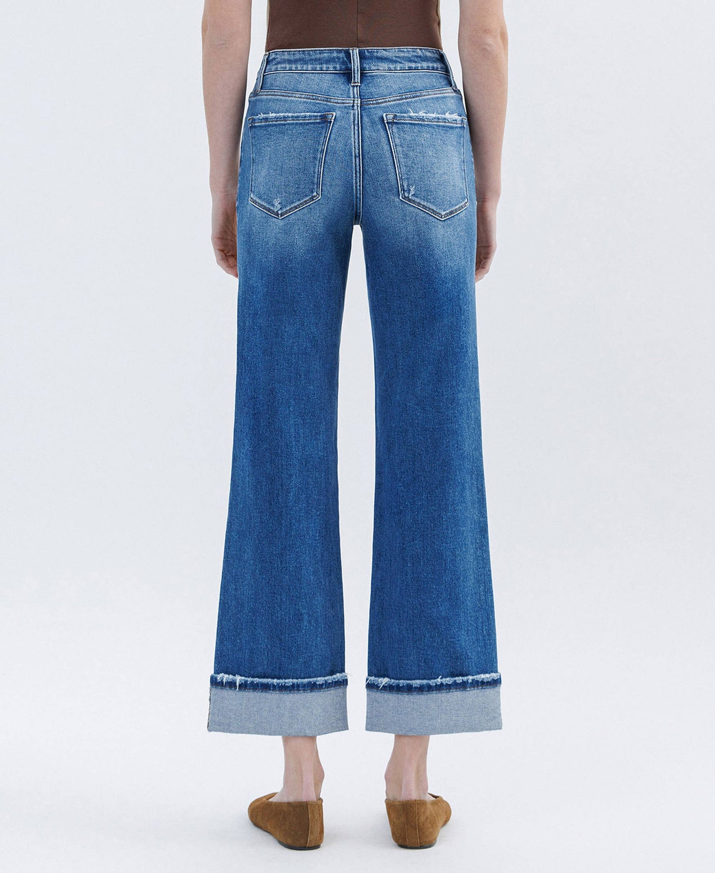 HIGH RISE CUFFED SLIM WIDE JEANS