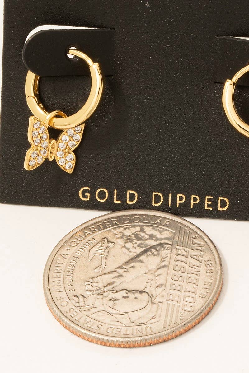 Gold Dipped Cz Pave Butterfly Charm Hoop Earrings