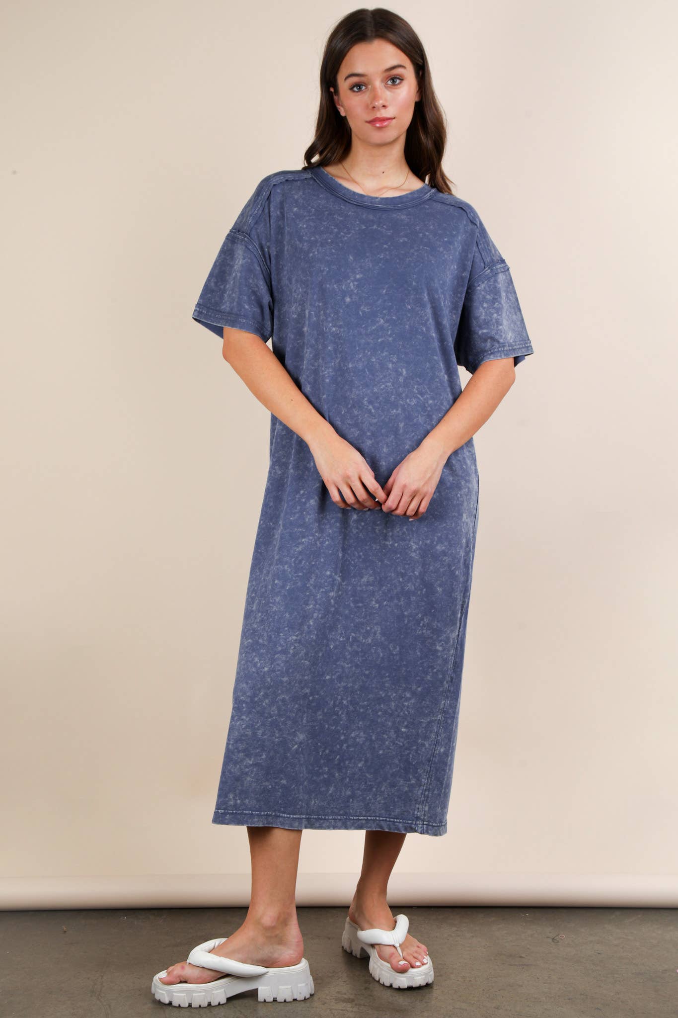 ND31601-Mineral Washed Casual Comfy Midi Dress