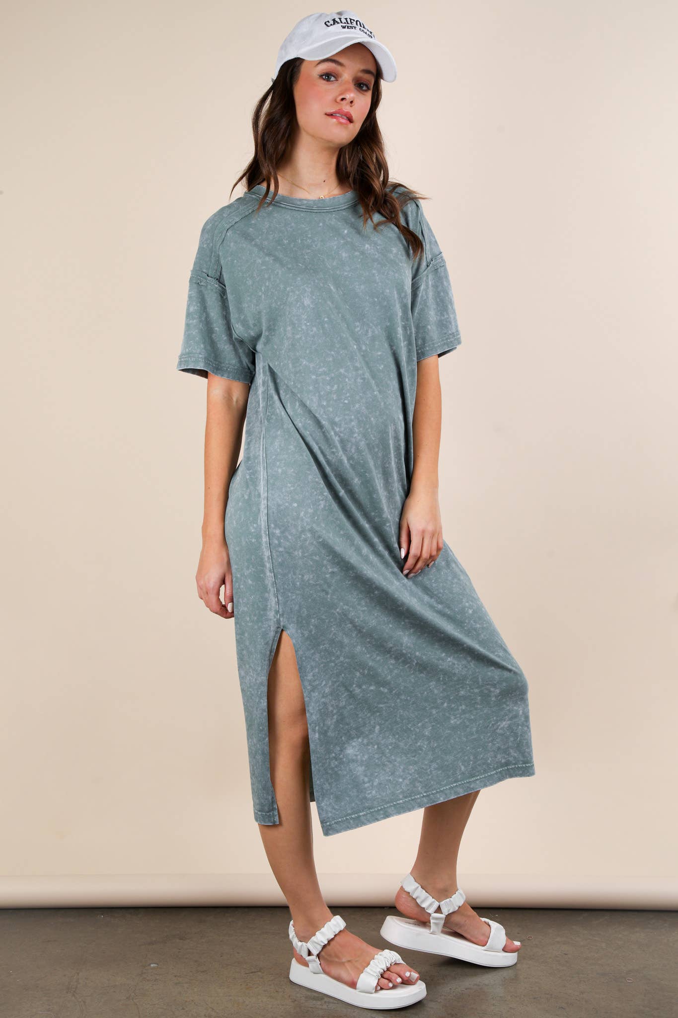 ND31601-Mineral Washed Casual Comfy Midi Dress