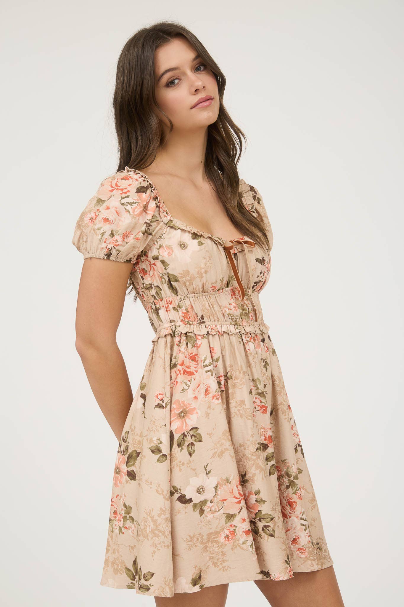 FLORAL RUFFLE TRIM VELVET FRONT TIE MINI DRESS