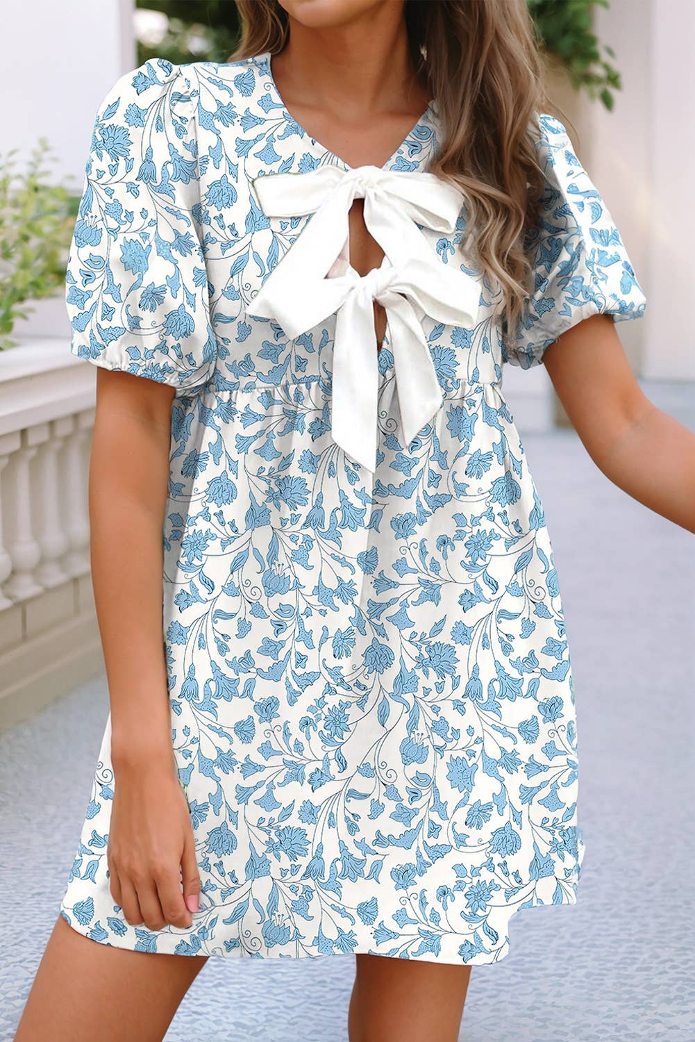 Floral Print Bow Knot Decor Bubble Sleeve Shift Dress
