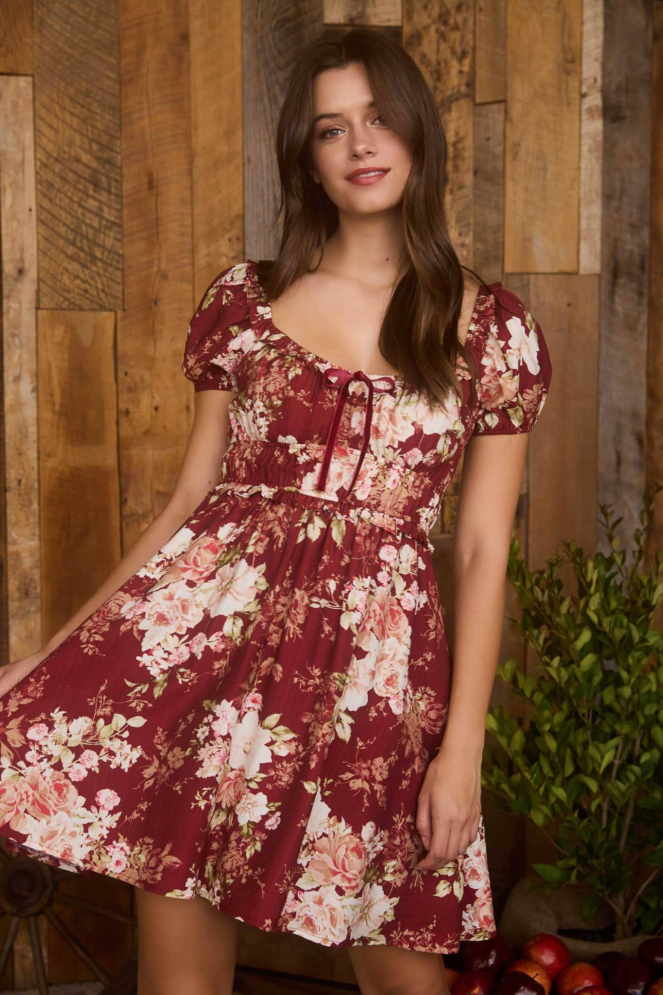 FLORAL RUFFLE TRIM VELVET FRONT TIE MINI DRESS