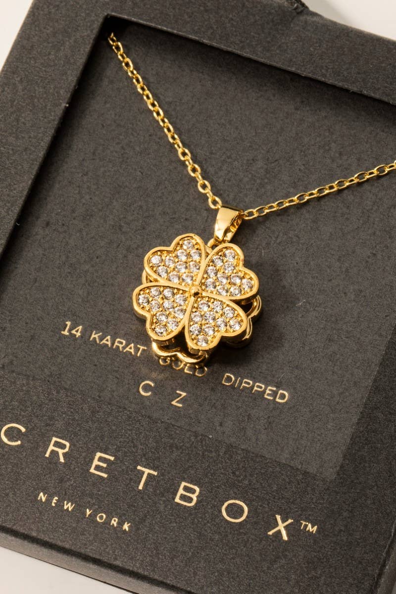 Gold Dipped Cz Pave Clover Pendant Necklace