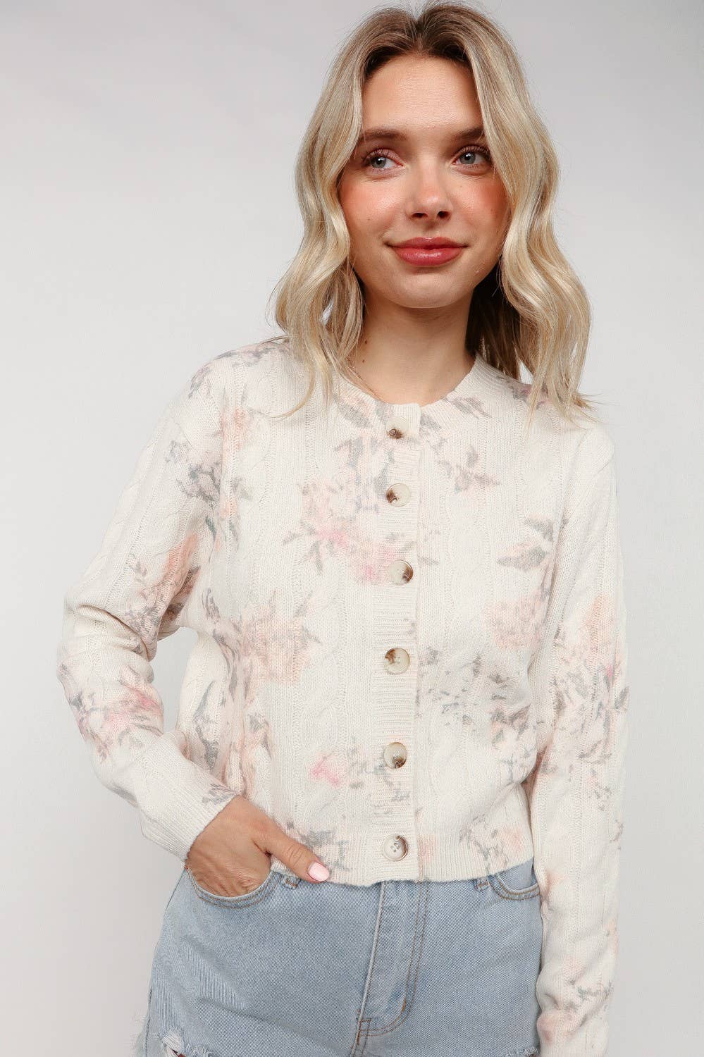 Button Down Floral Cable Sweater Cardigan