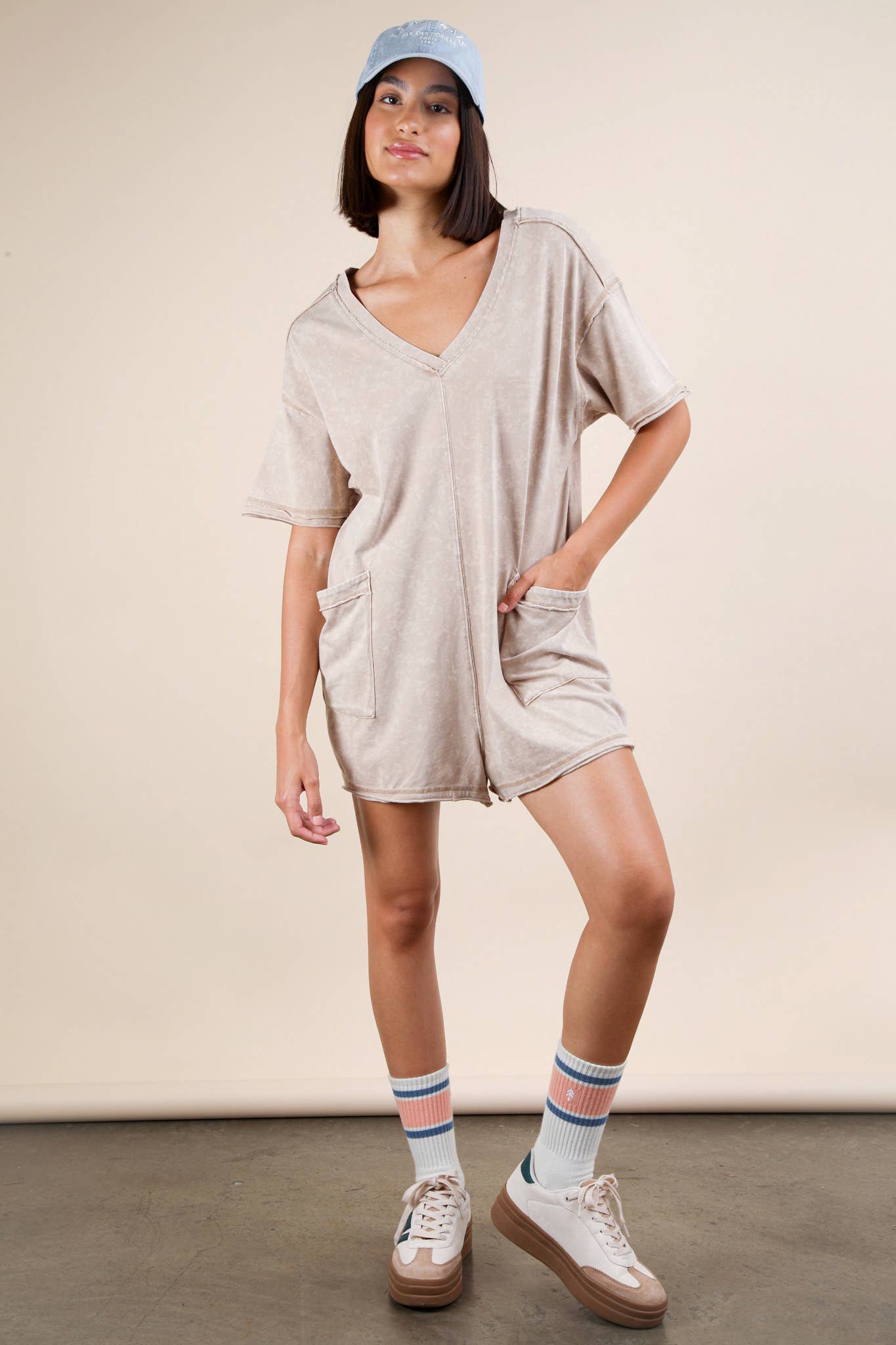 NP70740-Mineral Washed Oversized Casual Knit Romper