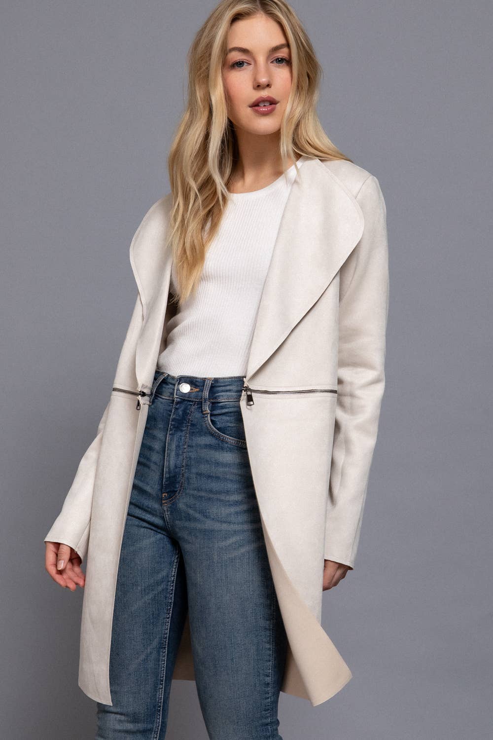 Long Sleeve Front Two Zipper Detail Faux Suede Long Jacket