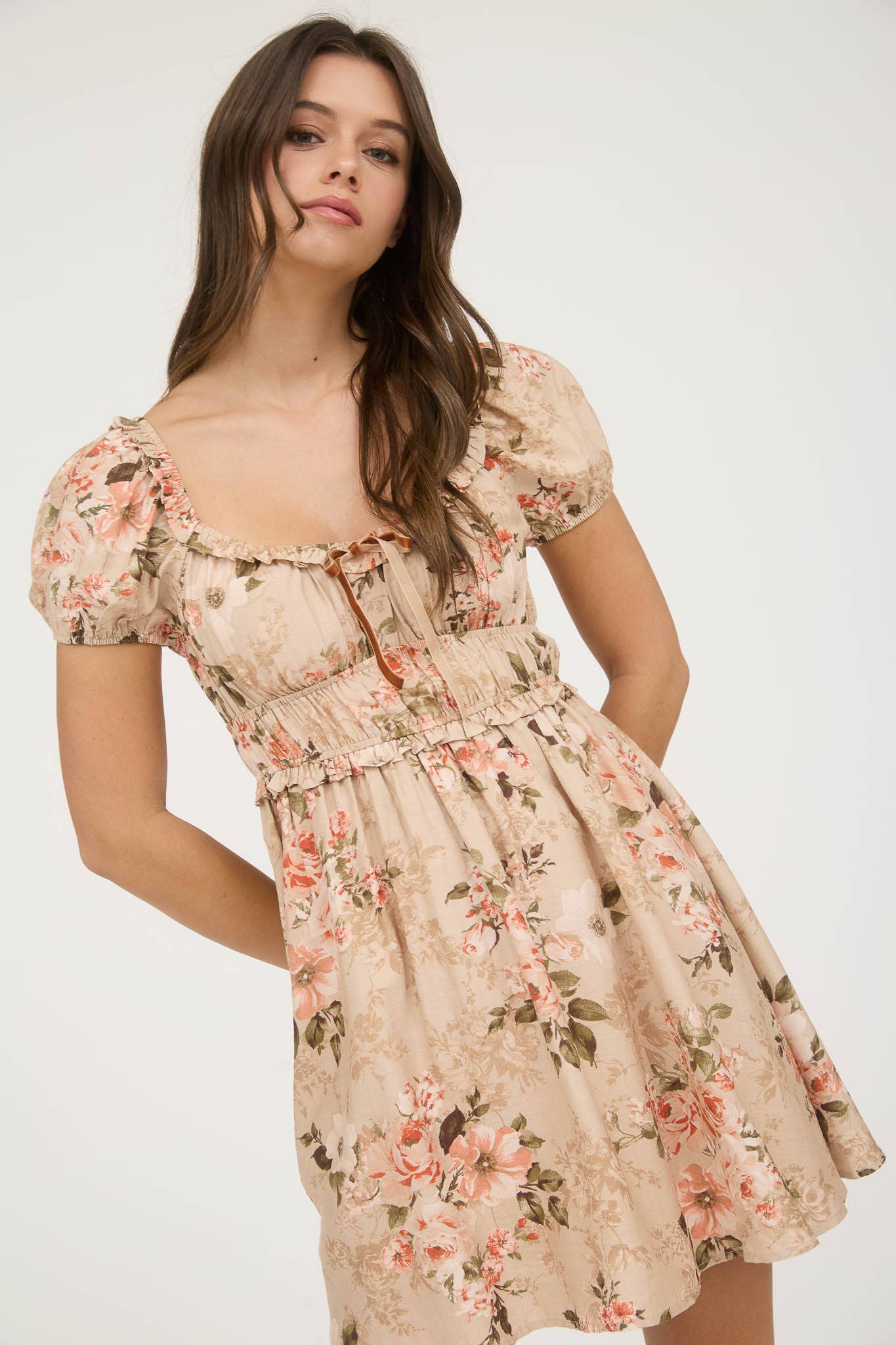 FLORAL RUFFLE TRIM VELVET FRONT TIE MINI DRESS