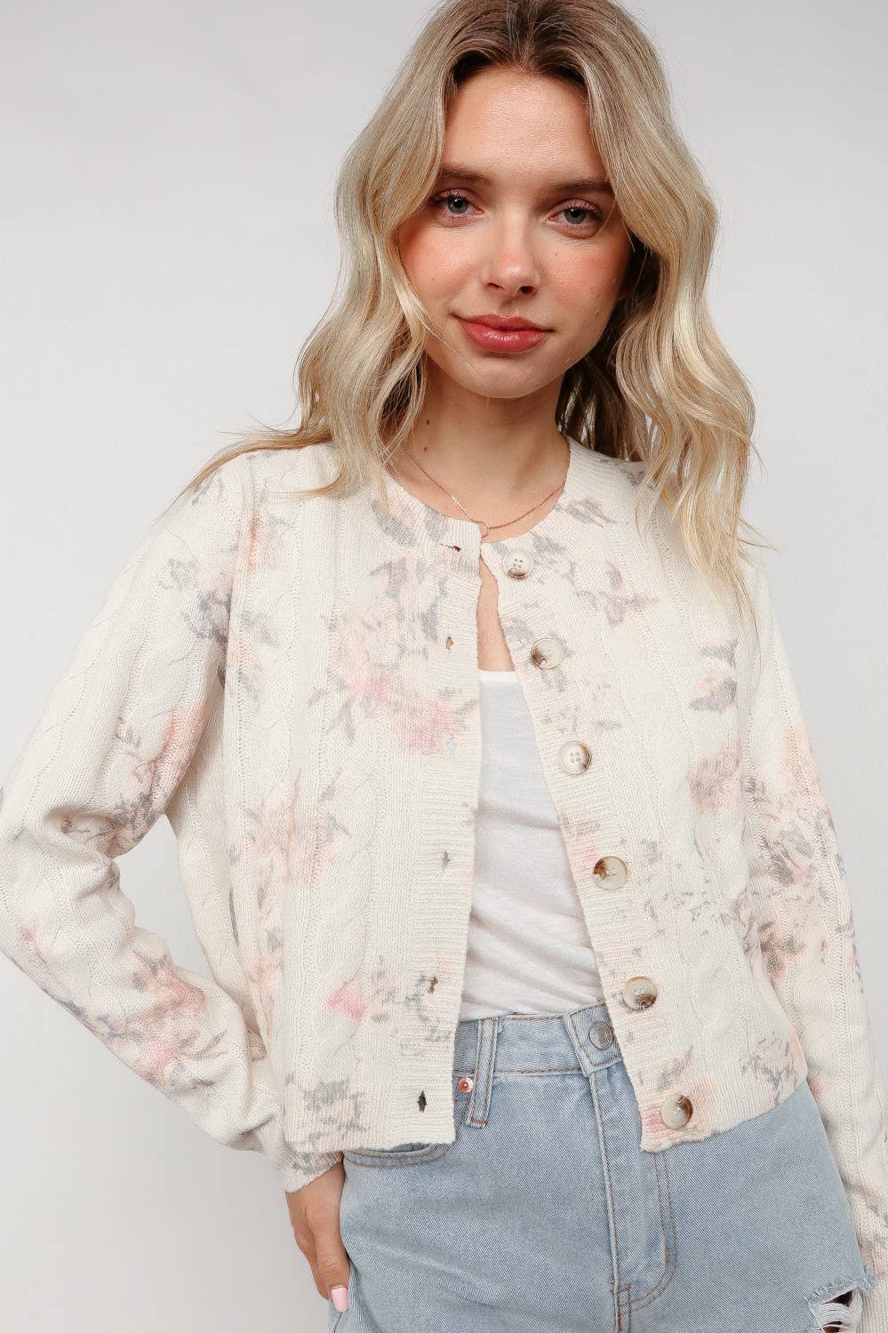 Button Down Floral Cable Sweater Cardigan