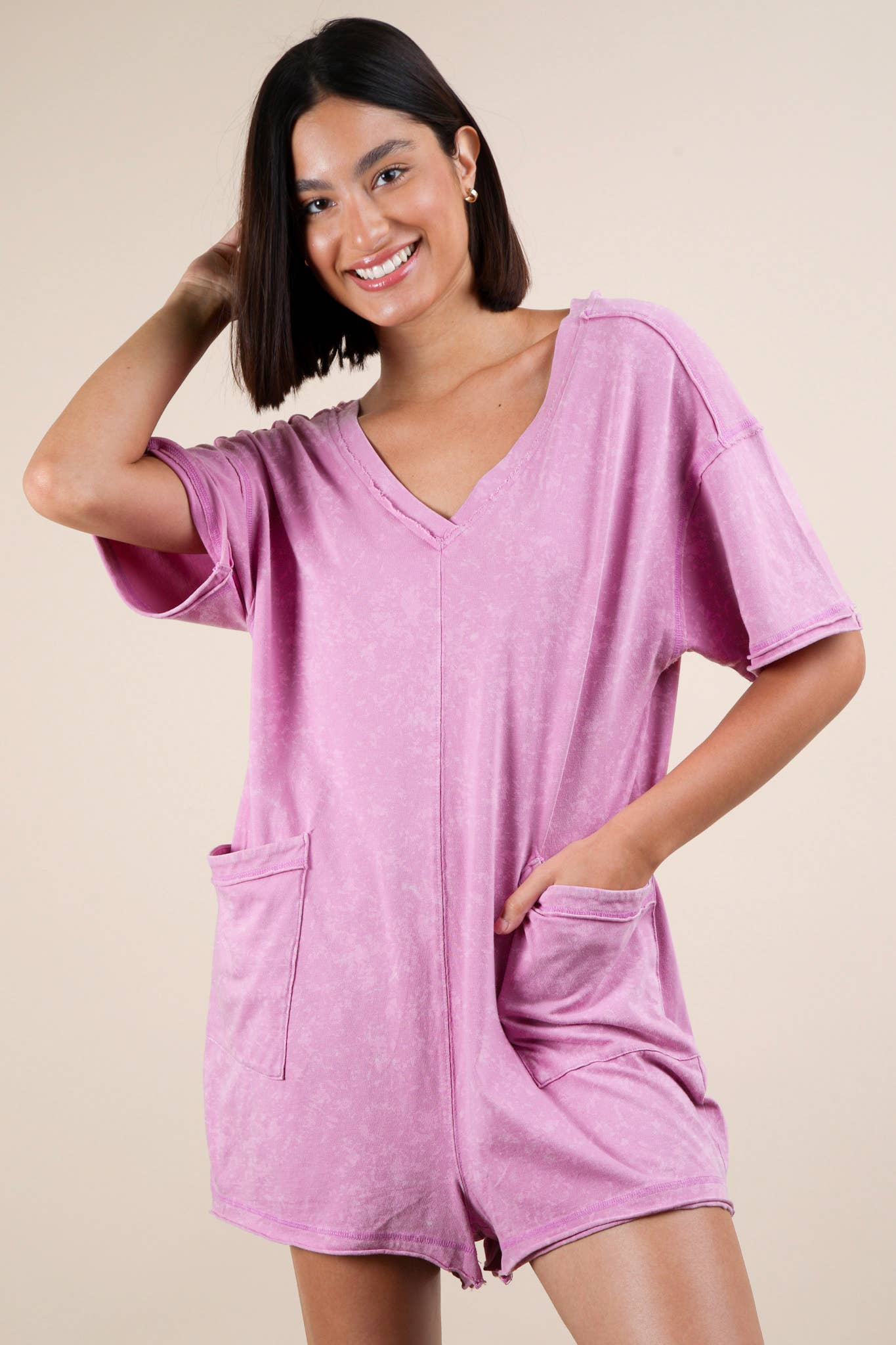 NP70740-Mineral Washed Oversized Casual Knit Romper