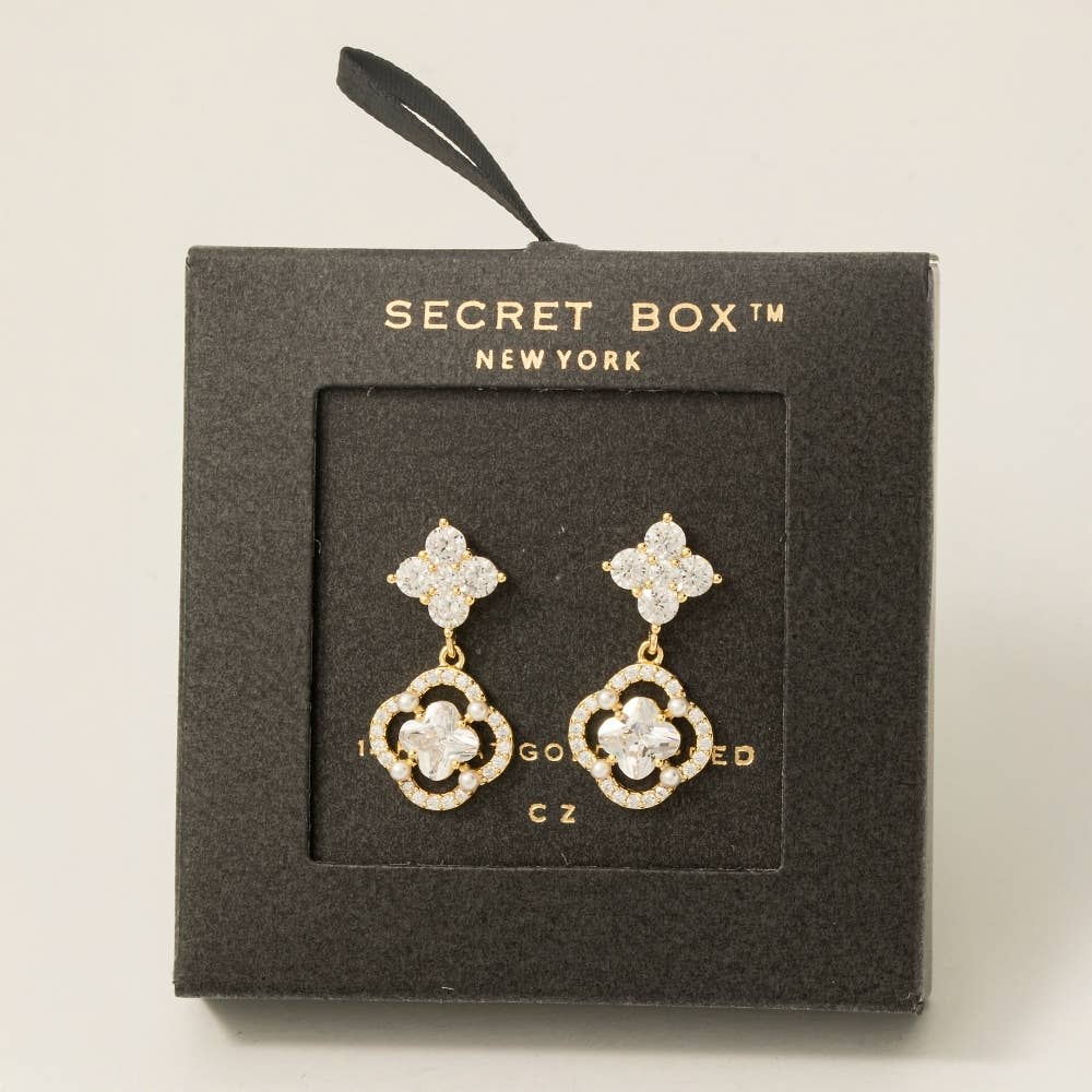 Secret Box Gold Dipped Cz Halo Set Clover Stud Dangle