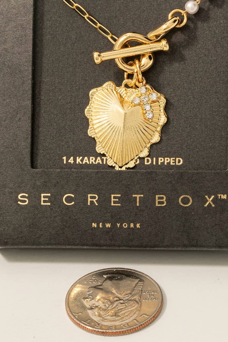 Secret Box Gold Dipped Heart And Cross Toggle Chain Necklace