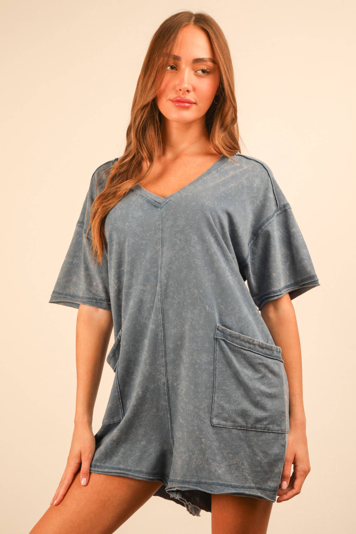 NP70740-Mineral Washed Oversized Casual Knit Romper