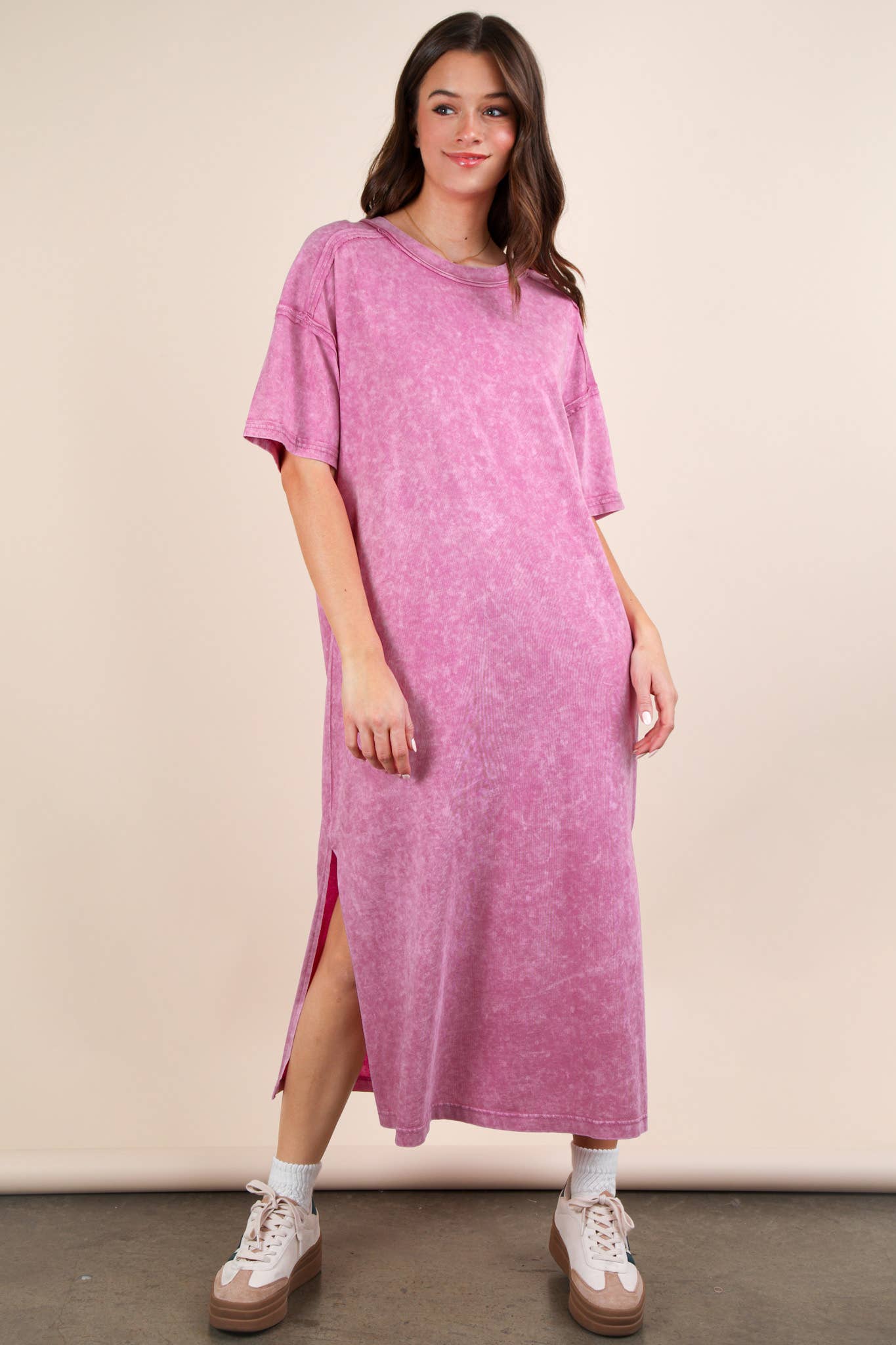ND31601-Mineral Washed Casual Comfy Midi Dress