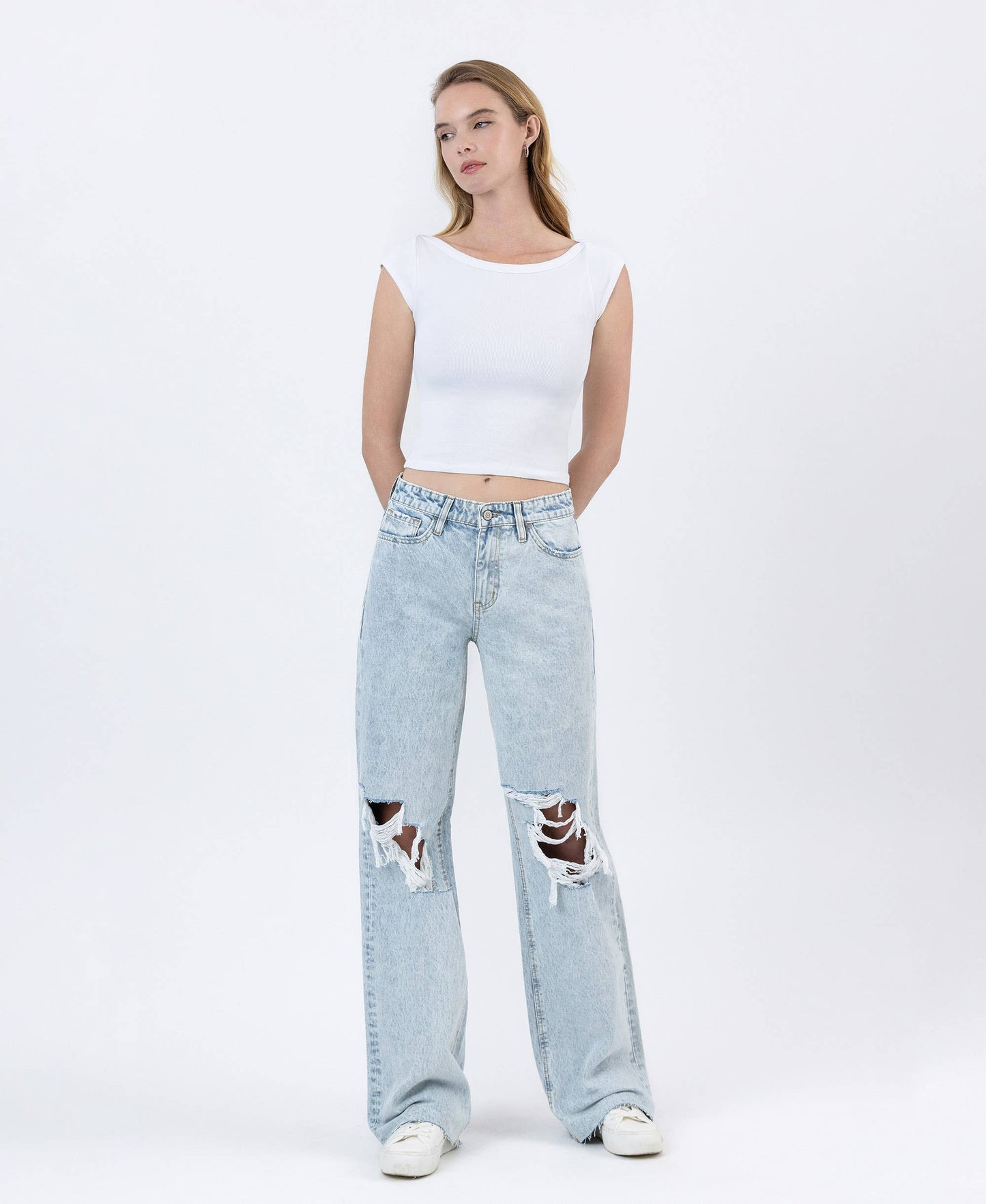 HIGH RISE DISTRESSED LONG BAGGY WIDE LEG JEANS BY4653L