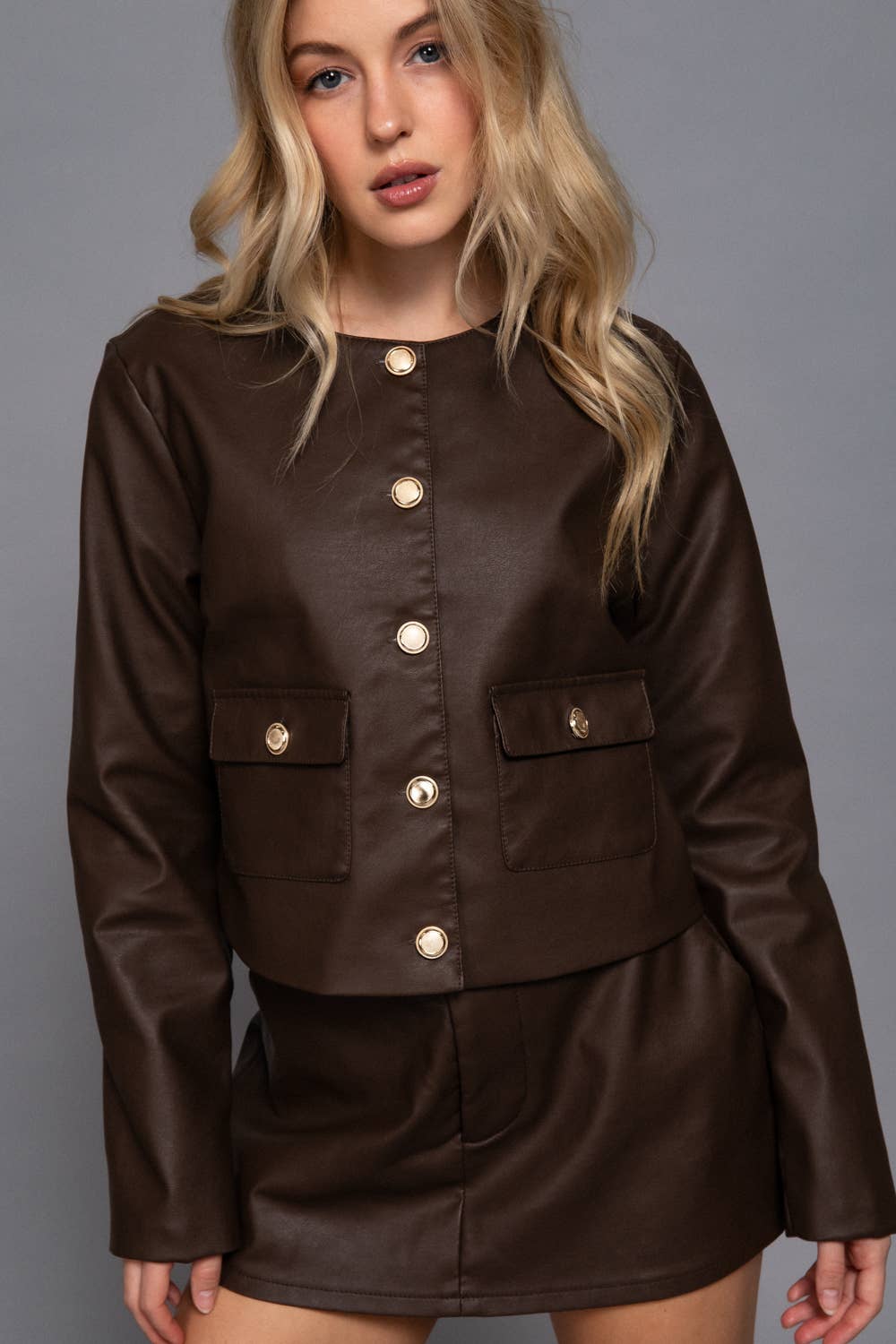 Long Sleeve Crew Neck Button Down Faux Leather Jacket