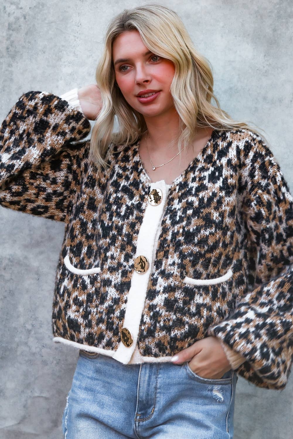 LEOPARD LONG SLEEVE CARDIGAN WITH GOLD BUTTON