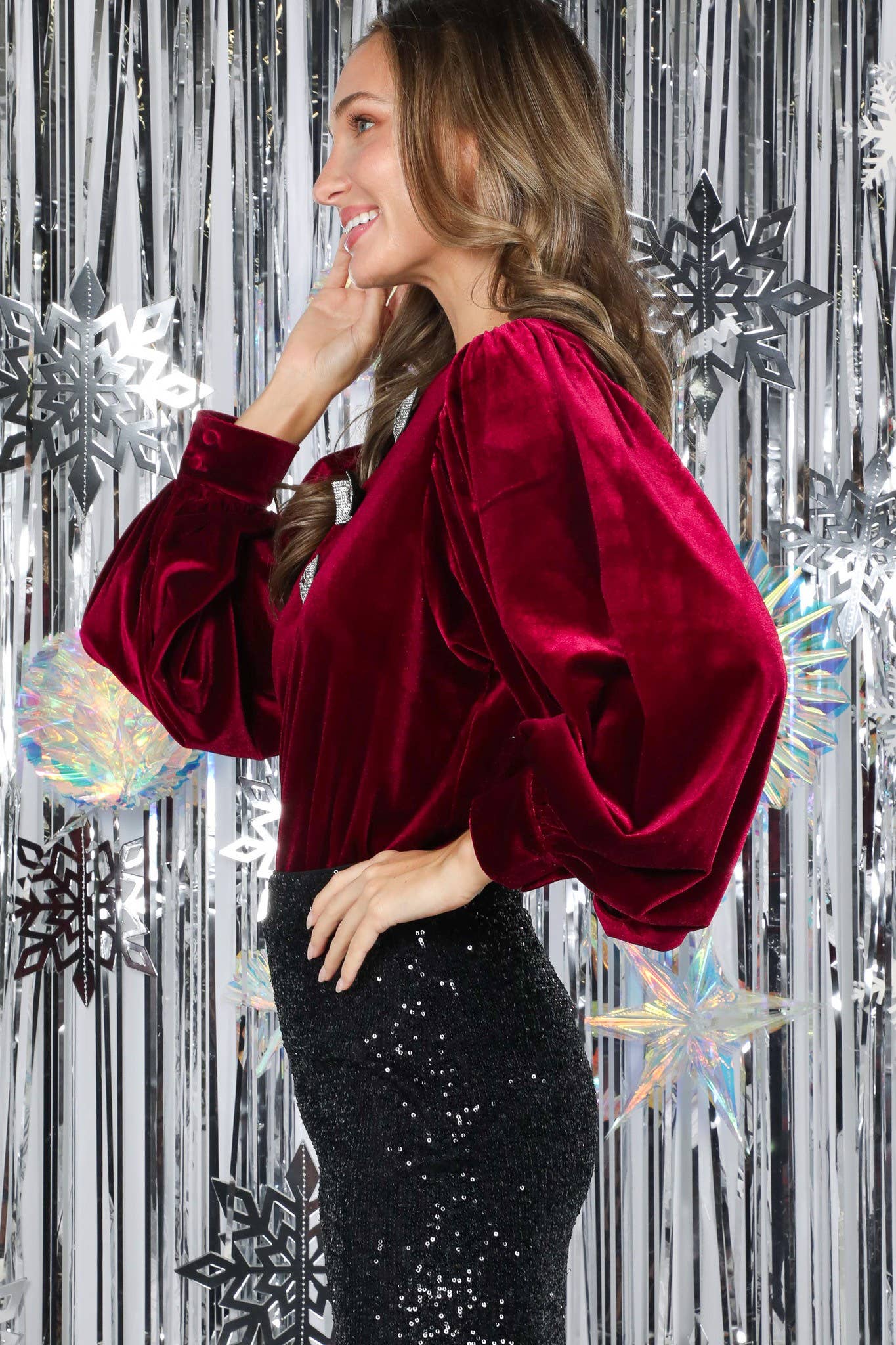 Sequin Bow Accent Luxe Velvet Blouse VT82764-
