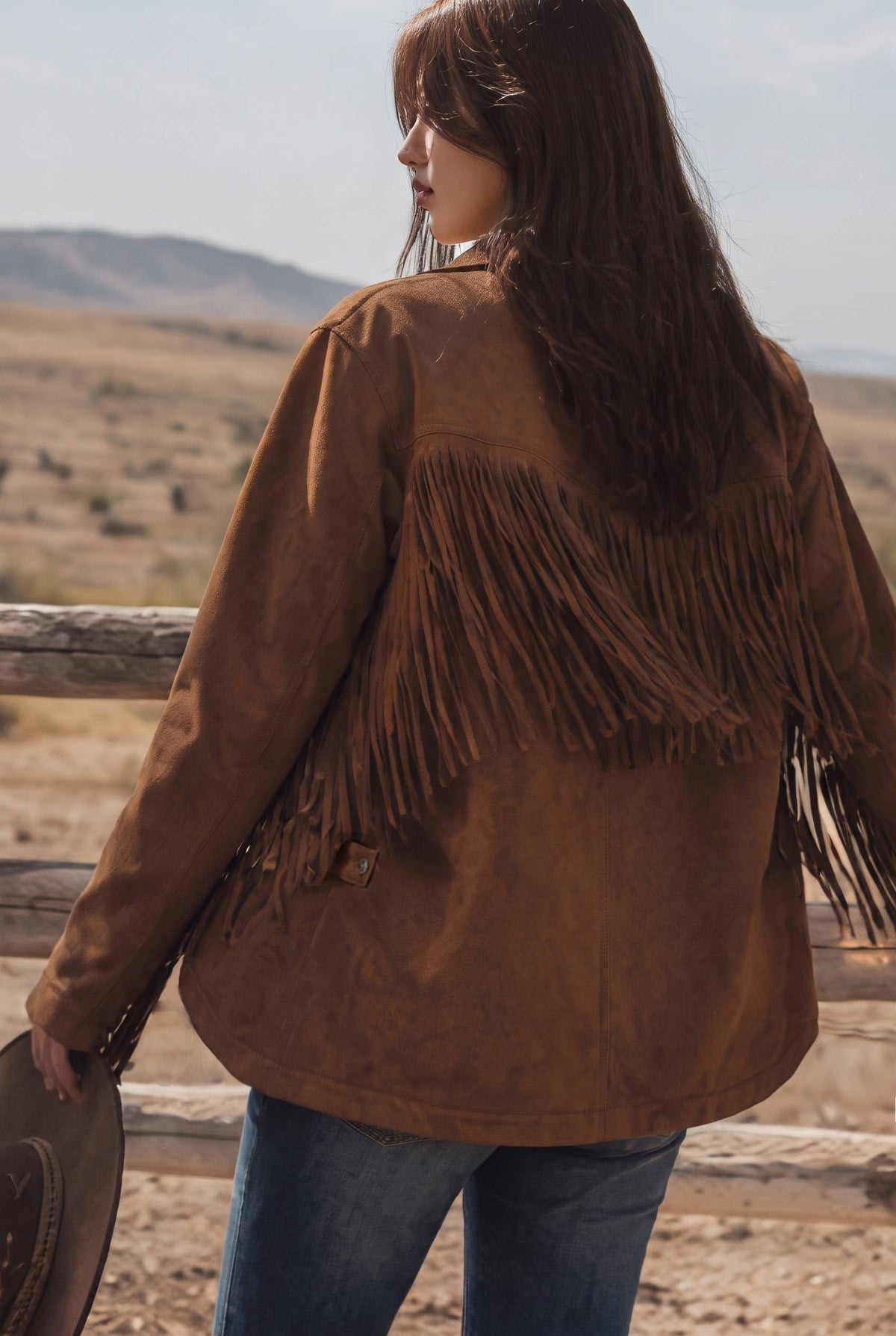 RELAXED FIT FAUX SUEDE FRINGE CASUAL JACKET