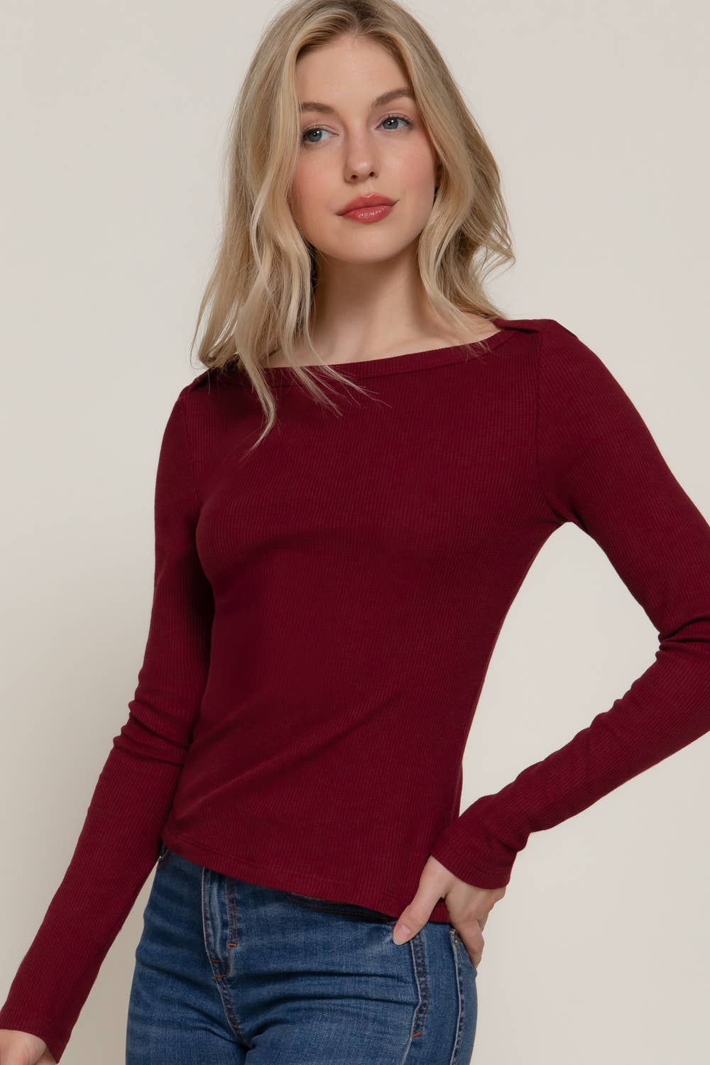 Long Sleeve Boat Neck Thermal Knit Top