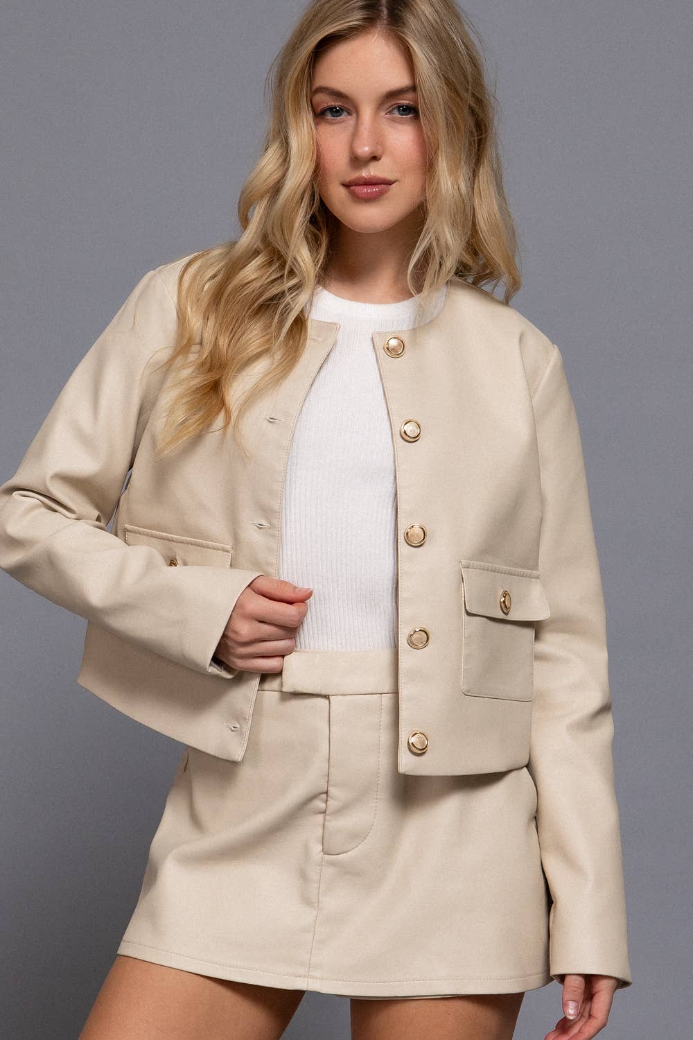 Long Sleeve Crew Neck Button Down Faux Leather Jacket